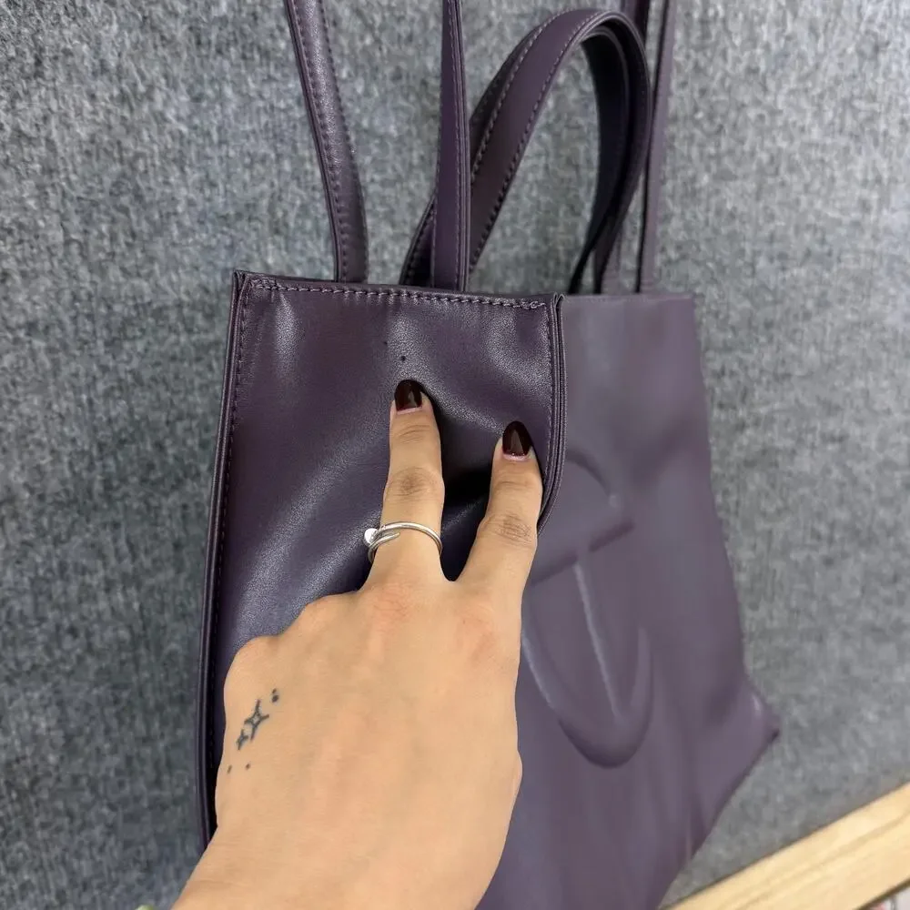 Telfar Medium Eggplant Shopping Tote Bag Purple Faux Leather Logo Crossbody